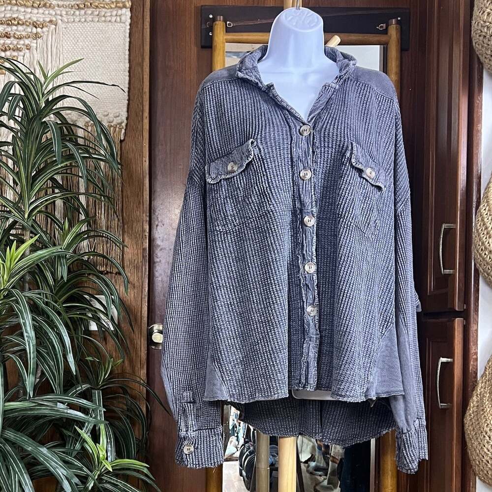 FP One Free People Scout Jacket Womens M Charcoal Waffle Knit Oversized Shacket